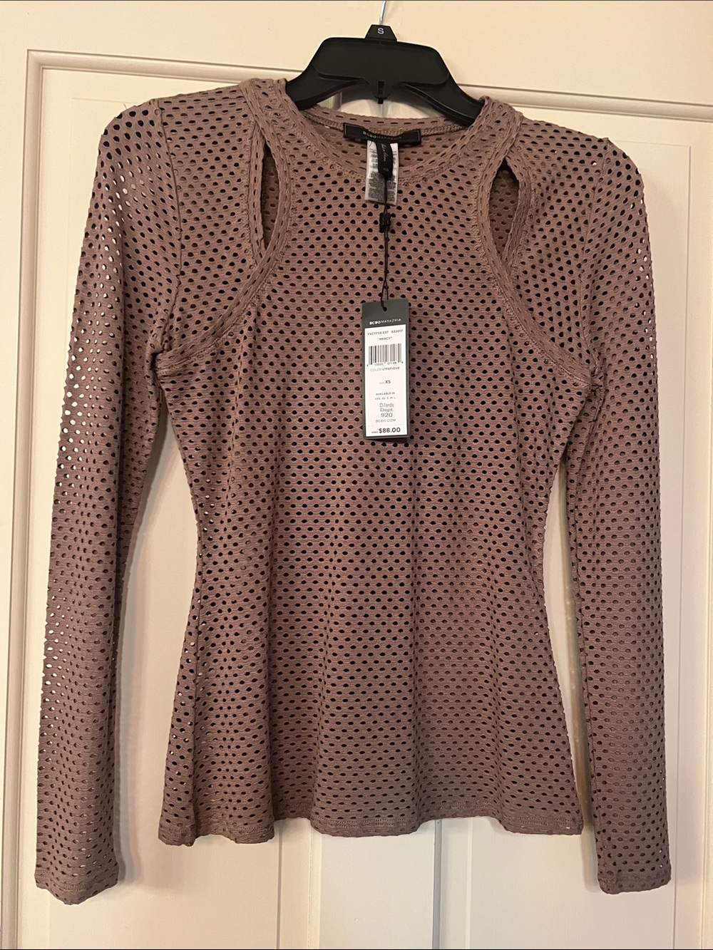 NWT BCBGMaxAzria Taupe Stretch Mesh Long Sleeve Top with Cutout Shoulder XS